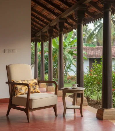 Long Elysia Mahogany Cushion Sitout Chair perfect for evening tea time in open spaces