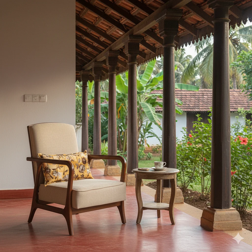 Long Elysia Mahogany Cushion Sitout Chair perfect for evening tea time in open spaces