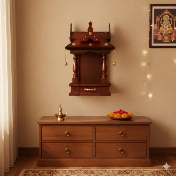2 Bell Open Ambalam beautifully carved wooden altar for daily worship and rituals