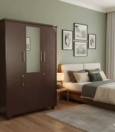 3 Door Particle Board Almirah enhances bedroom décor with a contemporary look