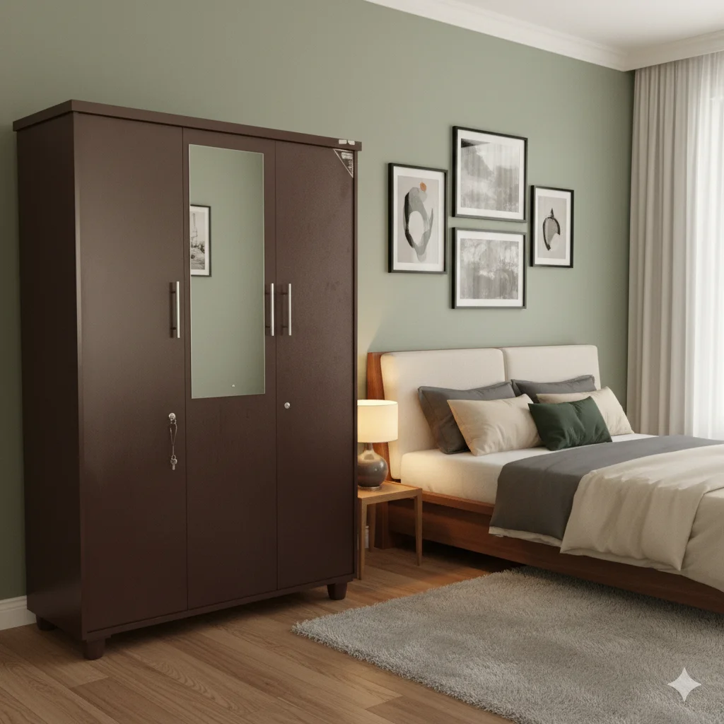 3 Door Particle Board Almirah enhances bedroom décor with a contemporary look