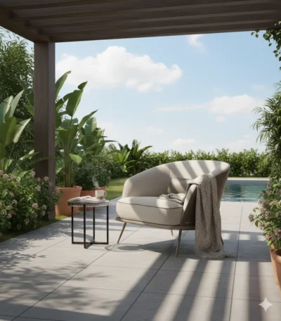 Livia Sitout Chair adds a soft, inviting feel to semi-outdoor areas