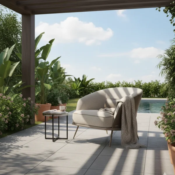 Livia Sitout Chair adds a soft, inviting feel to semi-outdoor areas