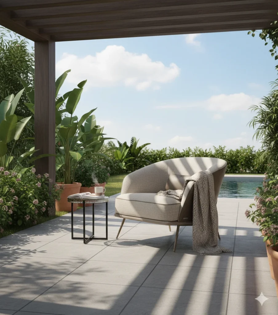 Livia Sitout Chair adds a soft, inviting feel to semi-outdoor areas
