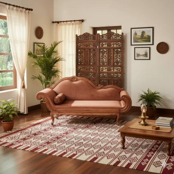 Royal Premium Teak Diwan Cot blends artistic curves with sturdy teak construction