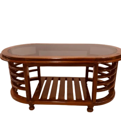 Oval teak glass teapoy table with strong solid wood base, stylish living room furniture