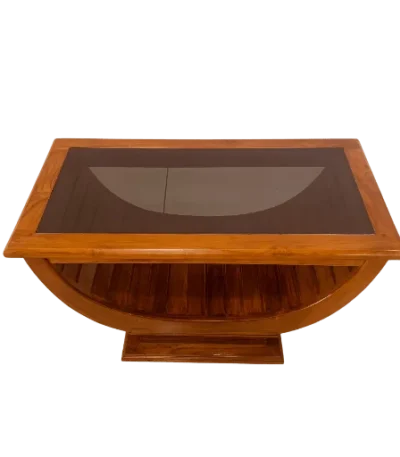 Vanji teak glass teapoy with solid teak wood frame and clear glass top for living room