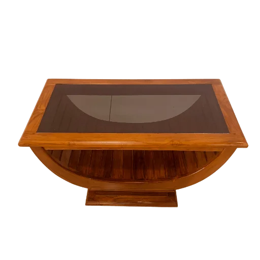 Vanji teak glass teapoy with solid teak wood frame and clear glass top for living room