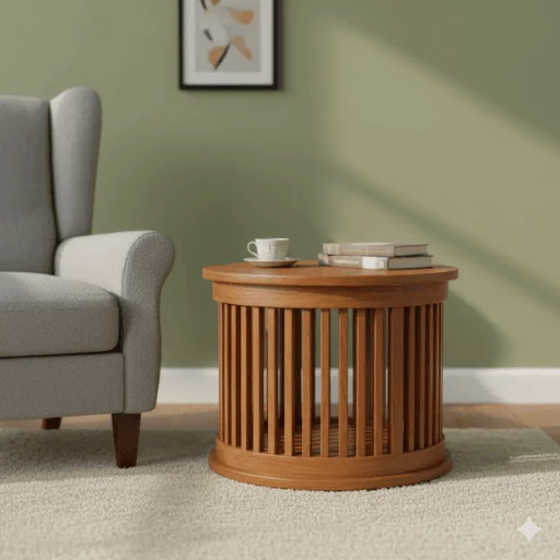 Classic round palaka teapoy made of solid teak wood, traditional style furniture