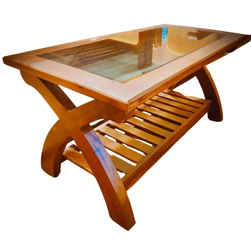 X design teak glass teapoy with solid teak wood frame and clear tempered glass top for living room
