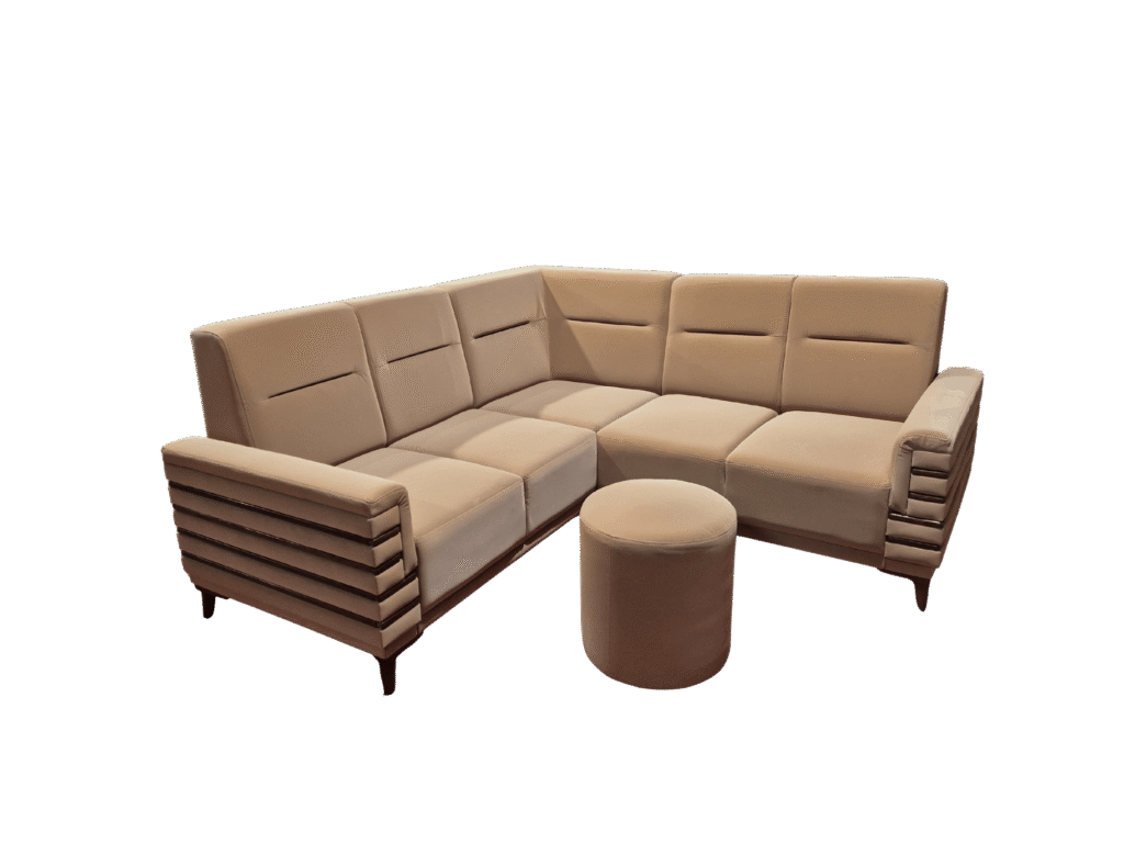 Woodline Full Cover Corner Sofa Set 2+2+1 with poufs for modern living room seating