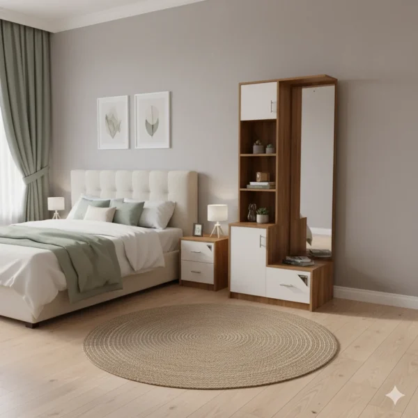 Multi Storage Particle Board Dressing Table opens up your room while keeping essentials organized.