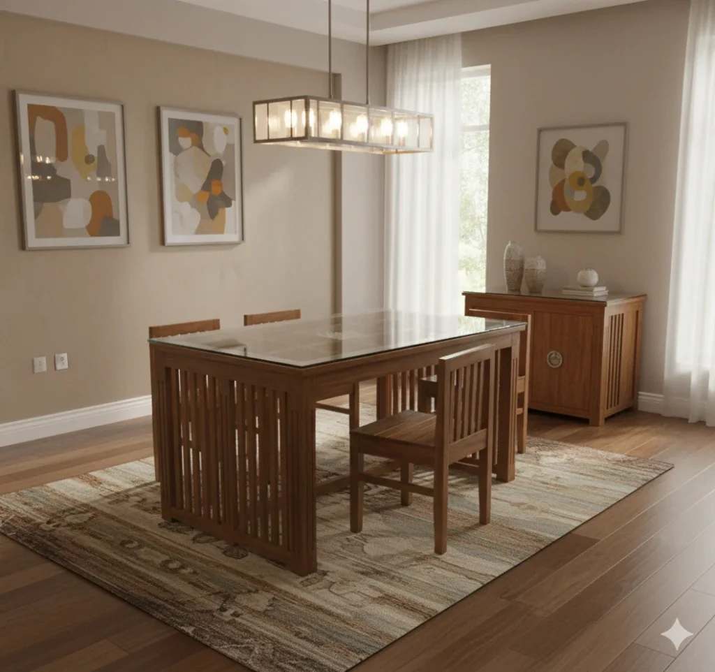 Tuck Under Space Saving Teak Dining Table Set 5×3 with Cushioned Chairs
