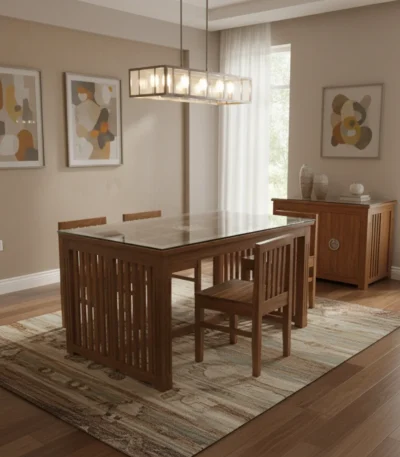 Tuck Under Space Saving Teak Dining Table Set 5×3 with Bear Teak chairs for compact homes