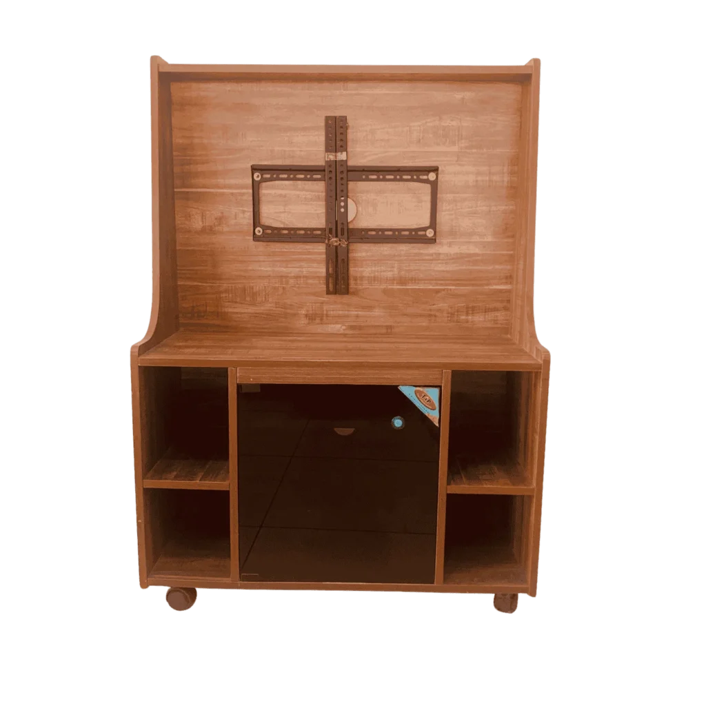 Small wall mounted particle board TV stand for compact living room spaces