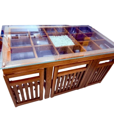 Tuck Under Space Saving Teak Dining Table Set 5×3 with cushioned chairs for compact homes