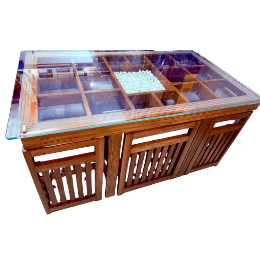 Tuck Under Space Saving Teak Dining Table Set 5×3 with cushioned chairs for compact homes