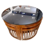 Round tuck under space saving teak dining table set 4×4 with Bear Teak chairs