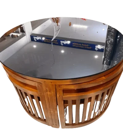 Round tuck under space saving teak dining table set 4×4 with Bear Teak chairs