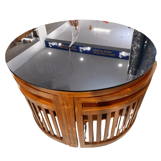 Round tuck under space saving teak dining table set 4×4 with Bear Teak chairs