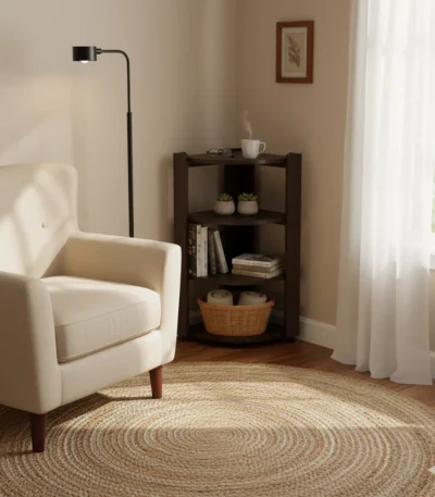 4 tier particle board corner stand for living room, bedroom, and hallway storage