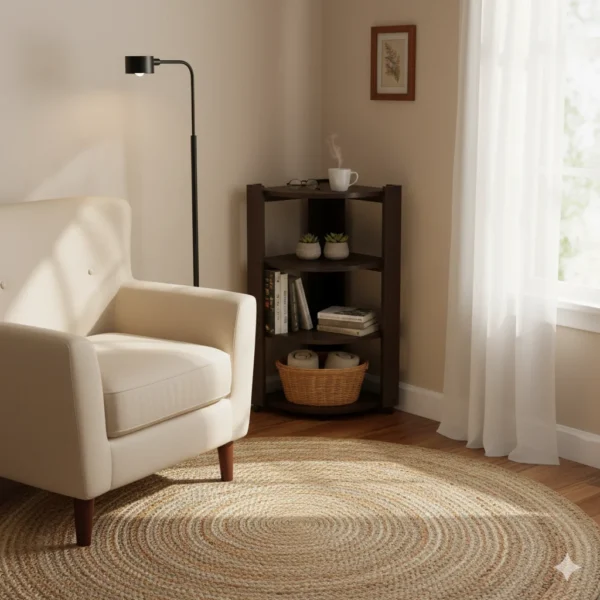 4 tier particle board corner stand for living room, bedroom, and hallway storage