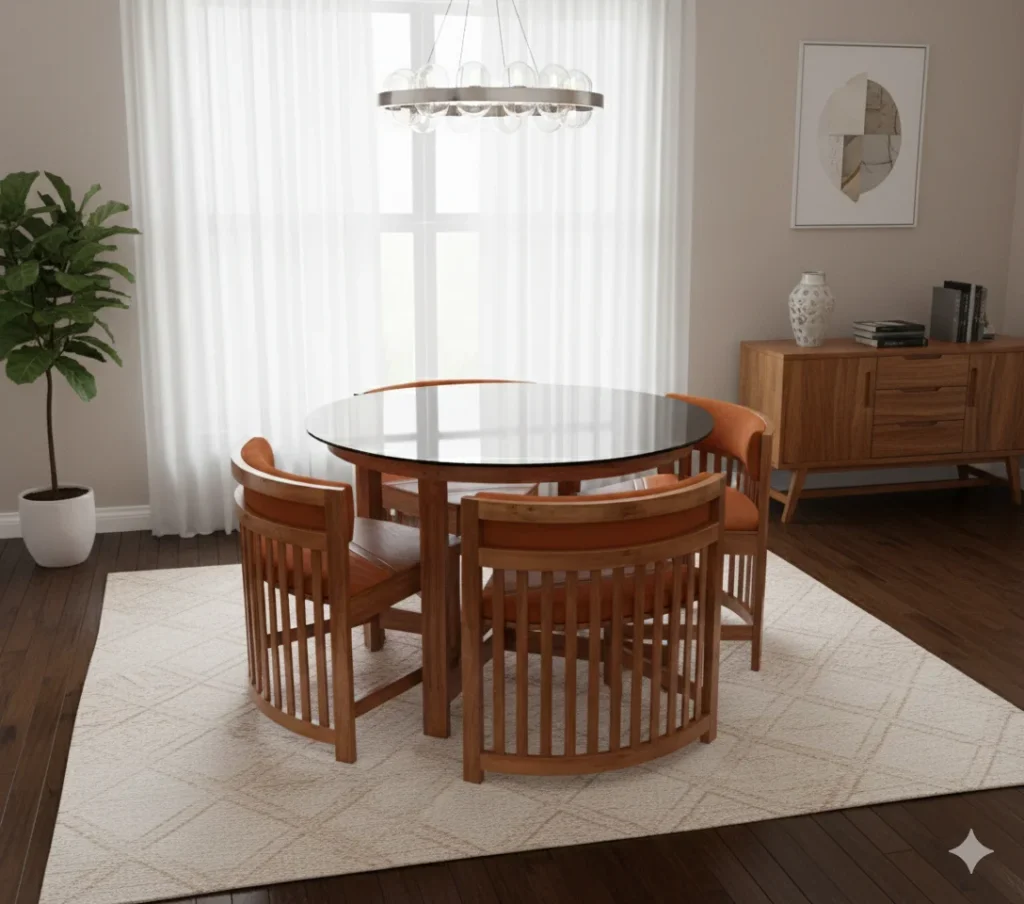 Round tuck under space saving teak dining table set 4×4 with Bear Teak chairs