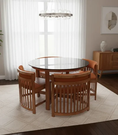 Round tuck under space saving teak dining table set 4×4 with Bear Teak chairs