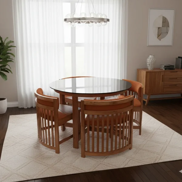 Round tuck under space saving teak dining table set 4×4 with Bear Teak chairs