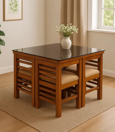 Square Tuck Under Space Saving Acacia Dining Table Set 3×3 with 4 chairs for compact dining spaces