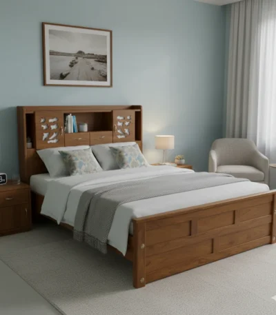 Head Cup Board Teak Cot 6 ft King Size with 4 Storage Boxes for family homes