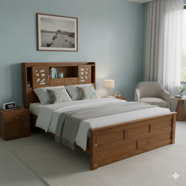 Head Cup Board Teak Cot 6 ft King Size with 4 Storage Boxes for family homes