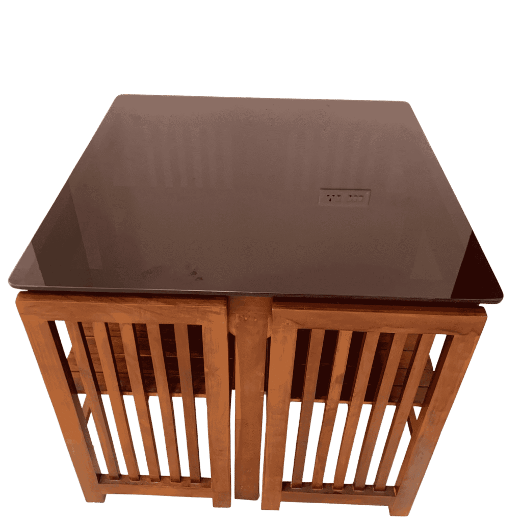 Square Tuck Under Space Saving Teak Dining Table Set 3×3 with 4 Chairs