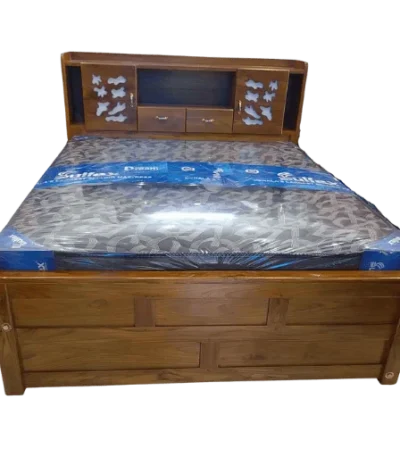 Head Cup Board Teak Cot 6 ft King Size with 4 Storage Boxes for guest bedroom