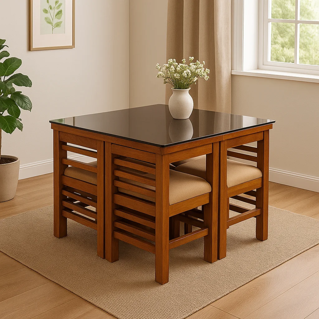 Square Tuck Under Space Saving Teak Dining Table Set 3×3 with 4 Chairs