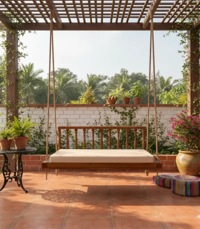 Kadachil teak swing with cushion for daily use and patio comfort