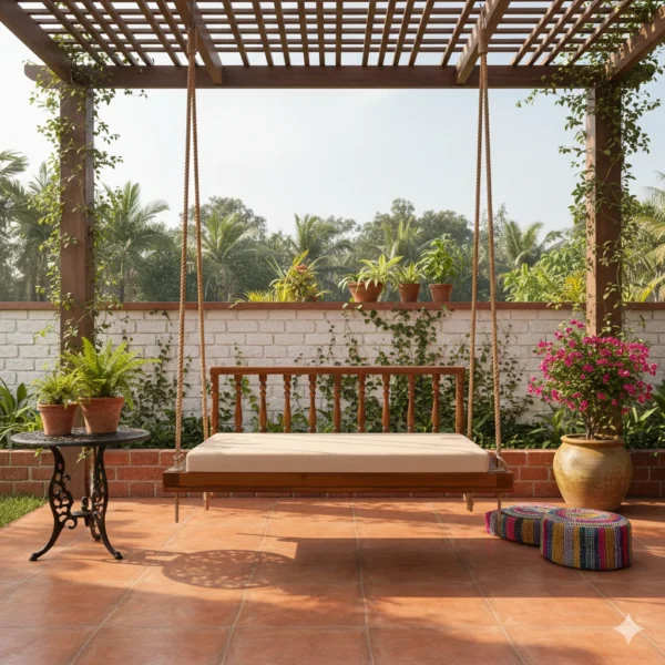 Kadachil teak swing with cushion for daily use and patio comfort